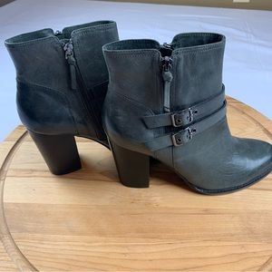 LEATHER GRAY Block Heel Double Buckle Ankle Boot GILI Addison New